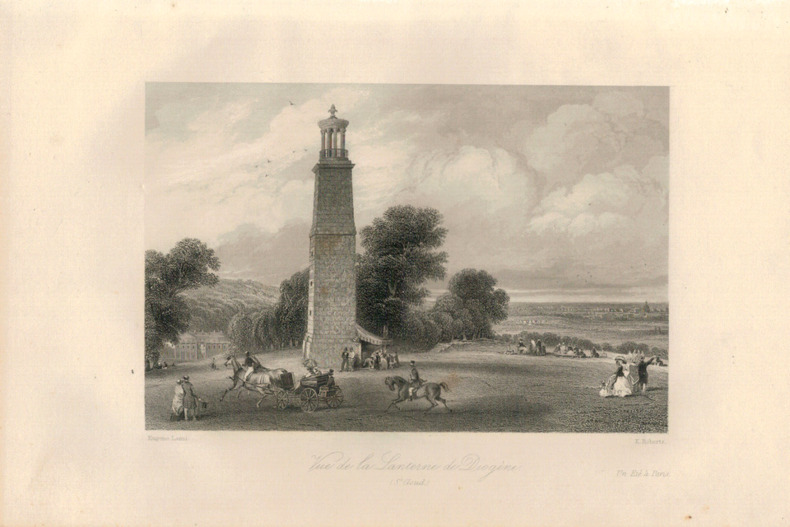 Gravure Eugène Lami. 1840. Paris. Vue de la lanterne de Diogène. Eugène Lami