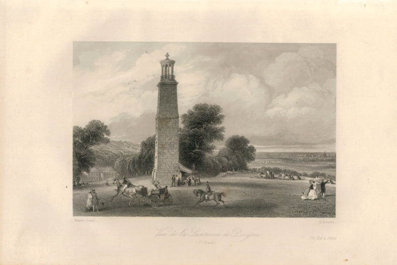 Gravure Eug&egrave;ne Lami. 1840. Paris. Vue de la lanterne de Diog&egrave;ne. Eug&egrave;ne Lami