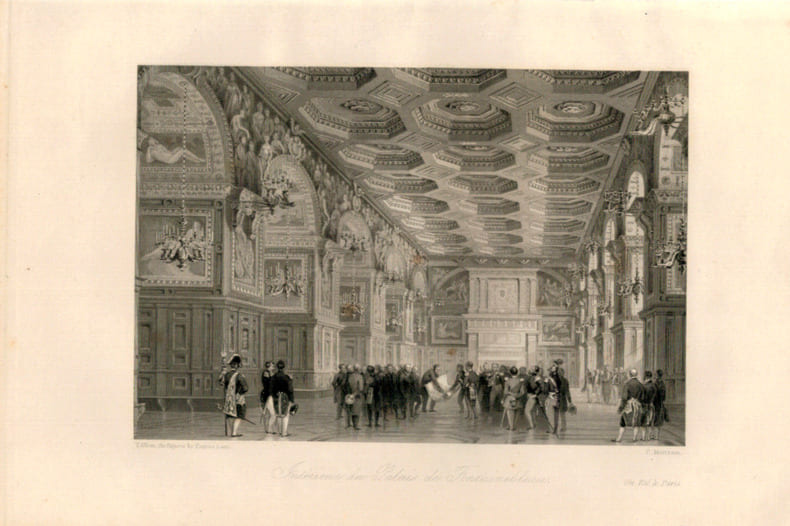 Gravure Eug&egrave;ne Lami. 1840. Paris.Int&eacute;rieur du Palais de Fontainebleau. Eug&egrave;ne Lami