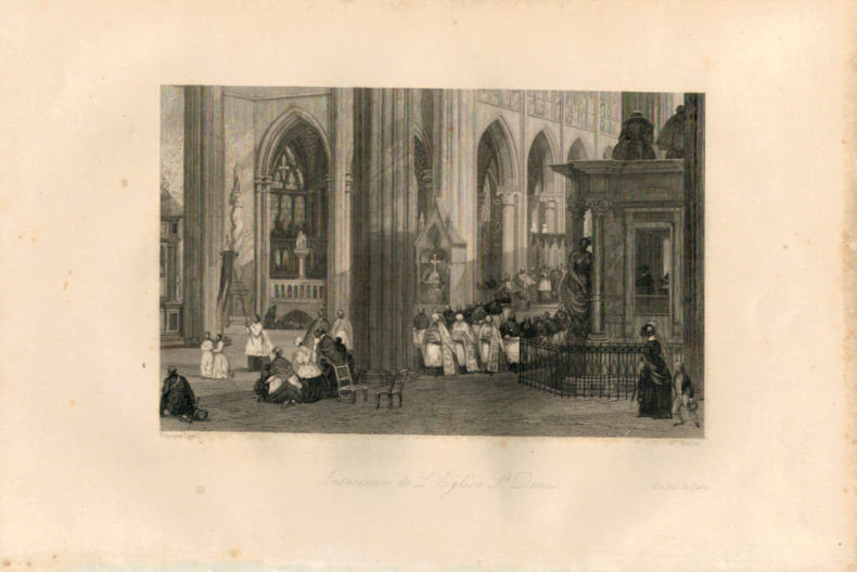 Gravure Eug&egrave;ne Lami. 1840. Paris.Int&eacute;rieur de l'Eglise St Denis. Eug&egrave;ne Lami