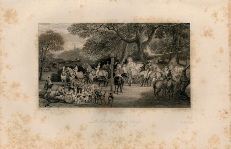Gravure Eug&egrave;ne Lami. 1840. Paris.Le rendez-vous de chasse. Eug&egrave;ne Lami