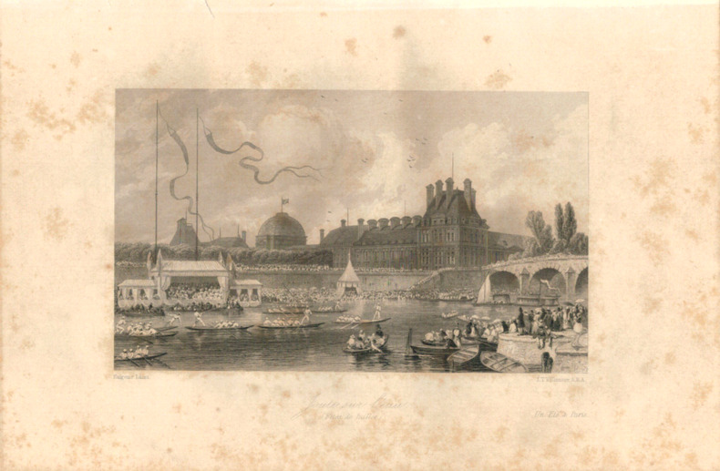 Gravure Eugène Lami. 1840. Paris. Joutes sur l'eau ( fetes de Juillet ). Eugène Lami