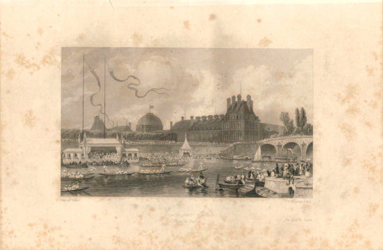 Gravure Eug&egrave;ne Lami. 1840. Paris. Joutes sur l'eau ( fetes de Juillet ). Eug&egrave;ne Lami