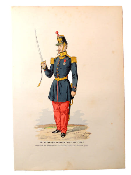 Lithographie. Capitaine de Grenadiers en grande tenue de service (1855). 76e R&eacute;giment d'infanterie de ligne