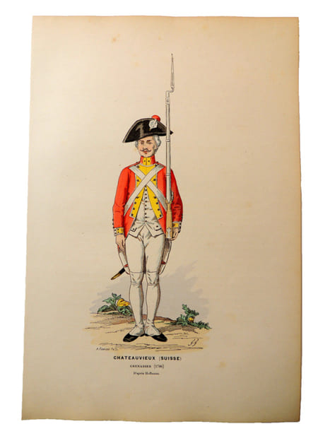 Lithographie. Chateauvieux Suisse. Grenadier 1786. 