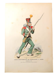 Lithographie. Légion départementale des Basses-Alpes ( 1er légère). Carabinier 1819