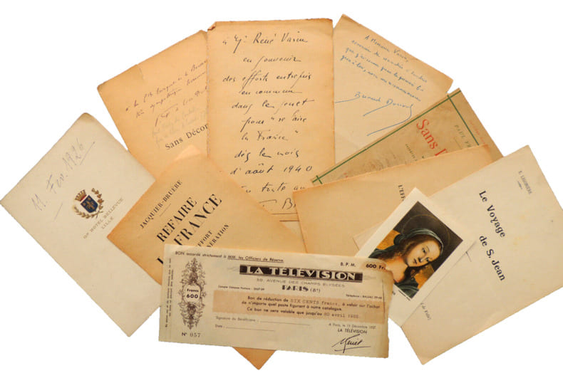 Lot autographes et vieux papiers. Fr&eacute;dy Coubertin, Jacques Bruy&egrave;re, B. Dorival. 