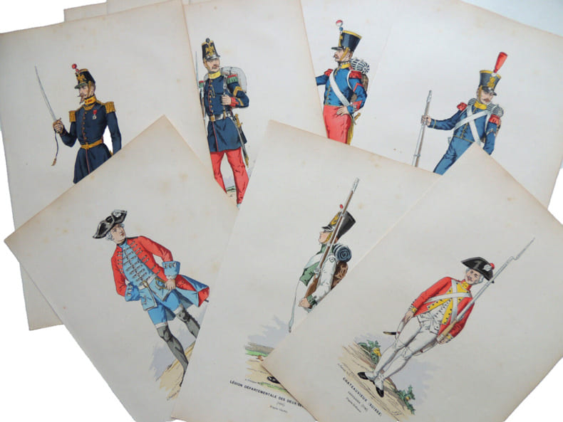 Lot de 23 lithographies couleurs costumes militaires. 76e r&eacute;giment 1894. 