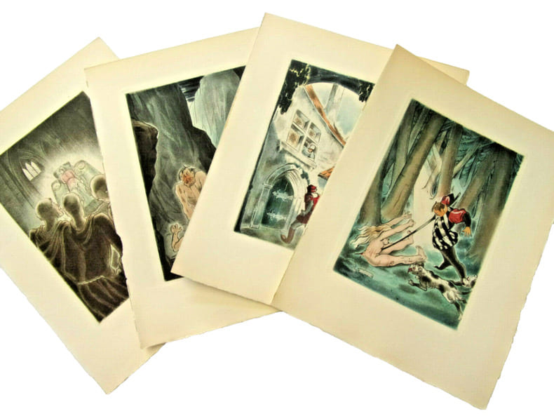 Curiosa. Lot de 4 Eaux-fortes originales couleurs de Andr&eacute; Collot . 