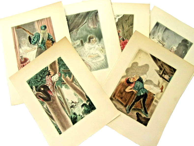 Curiosa. Lot de 6 Eaux-fortes originales couleurs de Andr&eacute; Collot . 