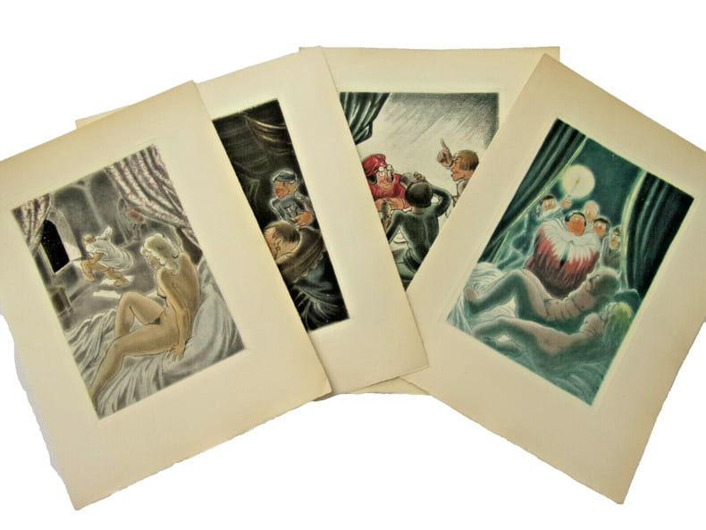 Curiosa. Lot de 4 Eaux-fortes originales couleurs de Andr&eacute; Collot . 