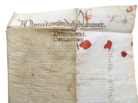 XVIe/XVIIe. 4 pages manuscrites sur vélin ou peau de porc