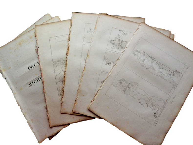 Lot de 17 planches de Michel -Ange Buonarotti grav&eacute;es au trait par Soyers. 
