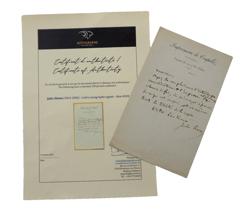 Lettre autographe de Jules Simon (1814-1896) avec certificat d'authenticité. Jules Simon 