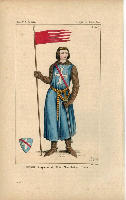 Gravure couleur Henri Seigneur de Metz, Maréchal de France XIIIe siècle. 