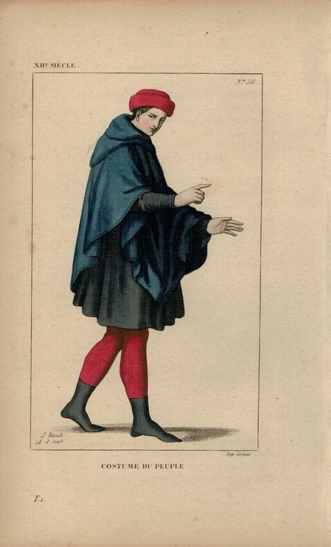 Gravure couleur Costume du peuple XIIe siècle. 