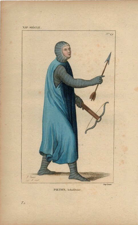 Gravure couleur Piéton, Arbalétrier  XIIe siècle. 