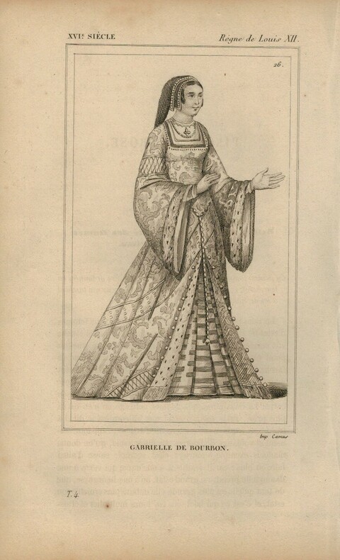 Gravure XVIe siècle. Gabrielle de Bourbon
