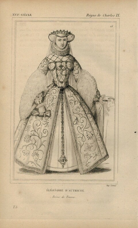 Gravure XVIIe siècle. Eléonore d'Autriche, Reine de France