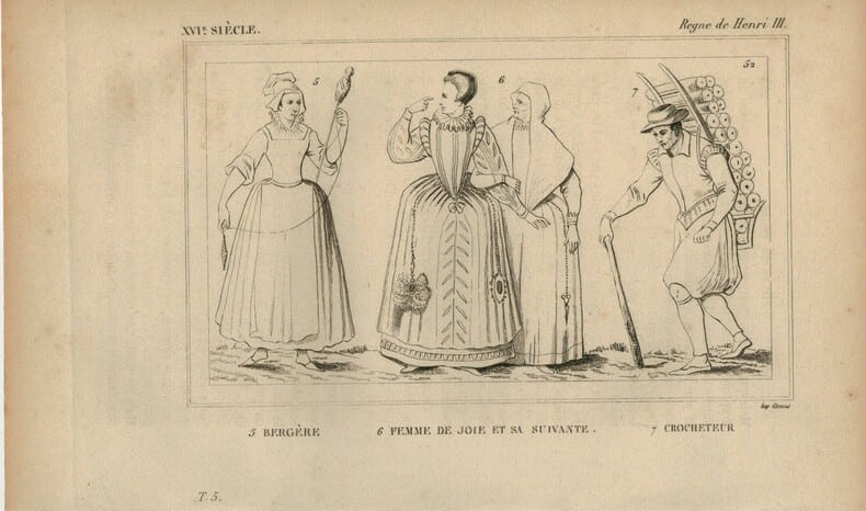 Gravure XVIIe si&egrave;cle. Berg&egrave;re, femme de joie, crocheteur