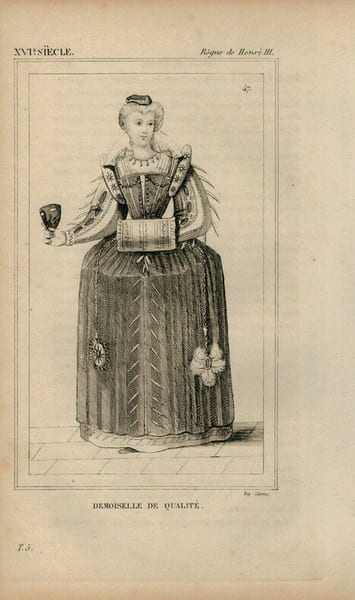 Gravure XVIe si&egrave;cle. Demoiselle de qualit&eacute;