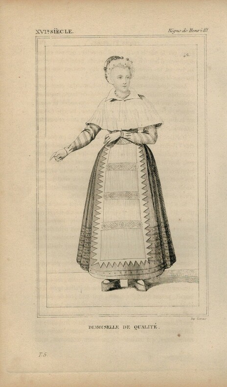 Gravure XVIe siècle. Demoiselle de qualité