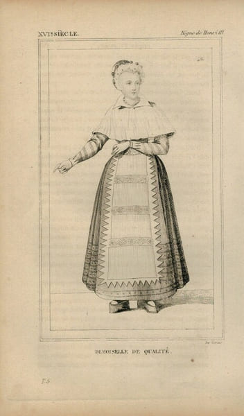 Gravure XVIe si&egrave;cle. Demoiselle de qualit&eacute;