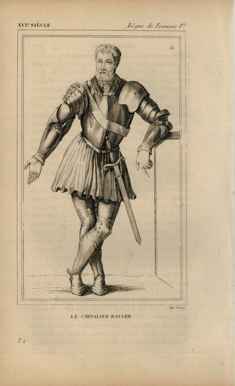 Gravure XVIe siècle. Le chevalier Bayard
