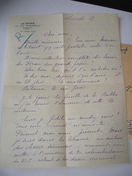 Lettre autographe &agrave; Fran&ccedil;is Eon Entete " LE DIVAN " 37, rue Bonaparte Paris VIe. Fran&ccedil;is Eon