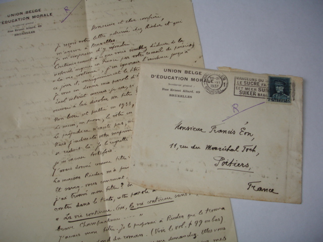 Lettre autographe de Benoit Bouché à Françis Eon 1938 LAS + enveloppe timbrée.  Benoit Bouché