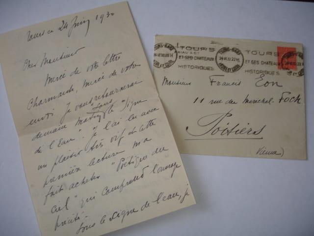 LETTRE AUTOGRAPHE Guy Lavaud &agrave; Fran&ccedil;is Eon 1930 LAS + enveloppe timbr&eacute;e. Guy Lavaud
