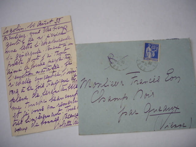 Correspondance carte Violette Rieder &agrave; Fran&ccedil;is Eon 1938 LAS + enveloppe timbr&eacute;e. Violette Rieder