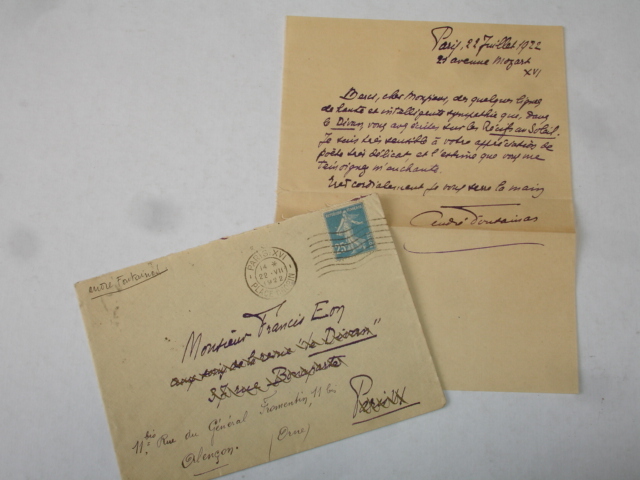 . LAS André Fontainas ( Poète Belge ) à Francis Eon + enveloppe timbrée 1922