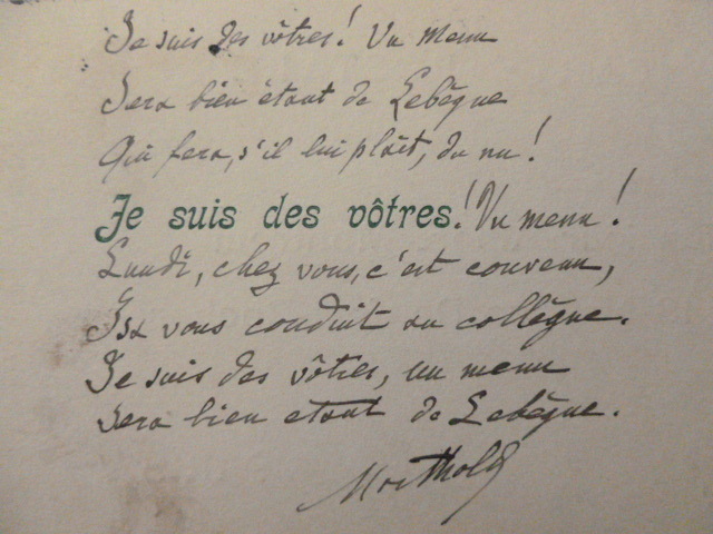 
 poème autographe à Albert Montreuil . JULES DE MARTHOLD