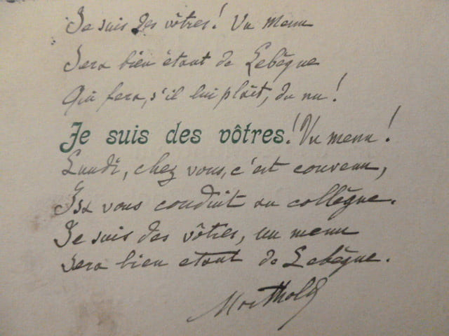 
 po&egrave;me autographe &agrave; Albert Montreuil . JULES DE MARTHOLD