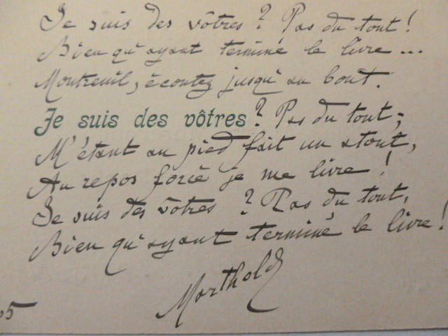 po&egrave;me autographe &agrave; Albert Montreuil . JULES DE MARTHOLD 