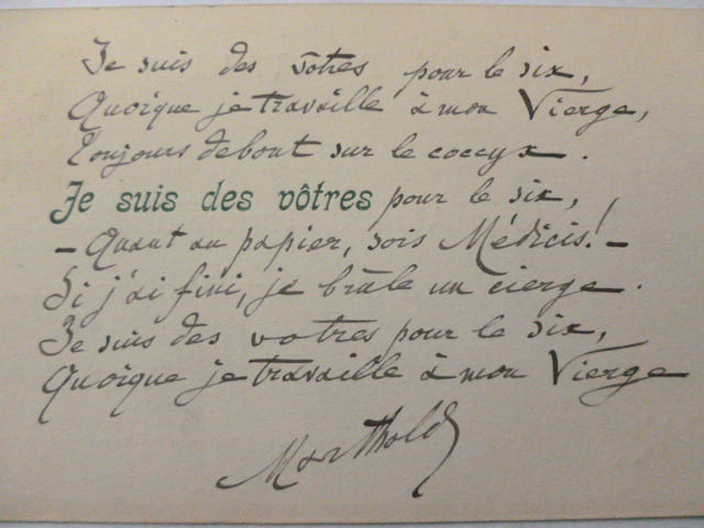 po&egrave;me autographe &agrave; Albert Montreuil . JULES DE MARTHOLD 