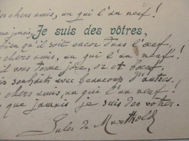 
 po&egrave;me autographe &agrave; Albert Montreuil . JULES DE MARTHOLD 