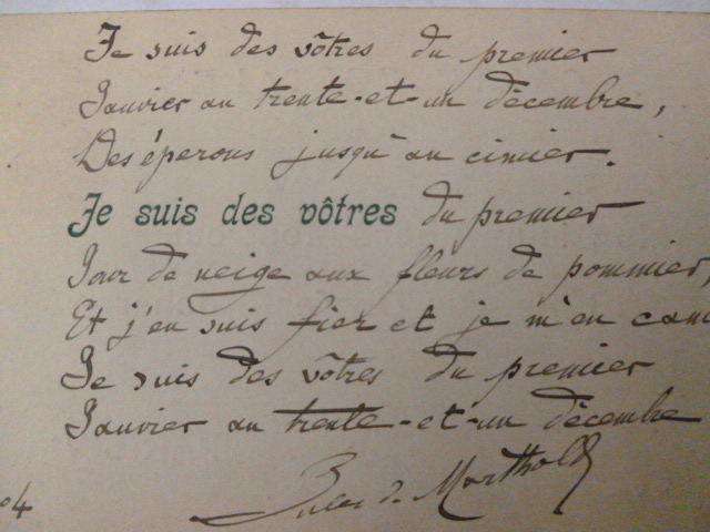 Poème Autographe  à Albert Montreuil 1904 . JULES DE MARTHOLD 