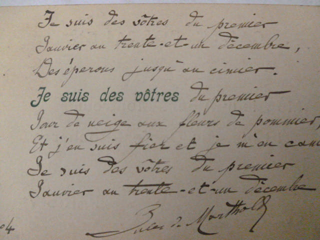 Po&egrave;me Autographe  &agrave; Albert Montreuil 1904 . JULES DE MARTHOLD 