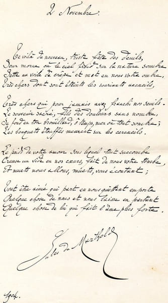 po&egrave;me autographe " LE 2 NOVEMBRE " 1904. JULES DE MARTHOLD 