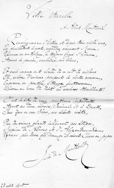 po&egrave;me autographe " VILLE ETERNELLE " &agrave; Albert Montreuil 1905. JULES DE MARTHOLD