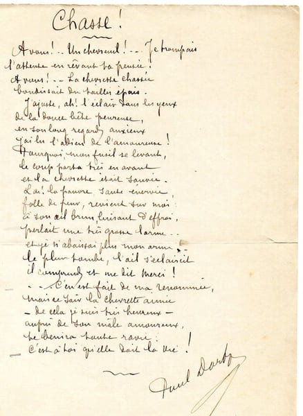 po&egrave;me autographe " Chasse " . PAUL DARBY