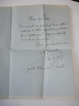 LETTRE AUTOGRAPHE A.Parmentier à Françis Eon LAS + enveloppe. A.Parmentier