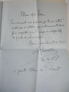 LETTRE AUTOGRAPHE A.Parmentier à Françis Eon LAS + enveloppe