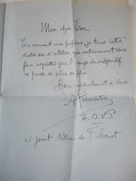 LETTRE AUTOGRAPHE A.Parmentier à Françis Eon LAS + enveloppe. A.Parmentier