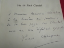 Vie de Paul Claudel et genèse de son oeuvre. Louis Chaigne envoi à Maurice Chevalier