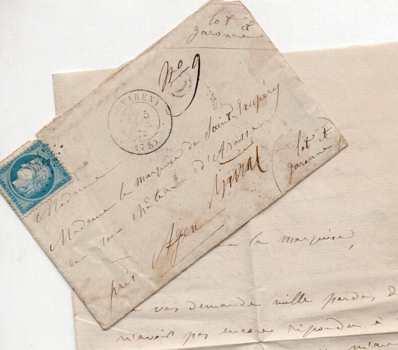 Lettre autographe adressée à la Marquise de Saint Exupery ( Château d'Arasse ) relatif au mariage d’Adhémar de Couhé de Lusignan et de Térèse de Saint ...