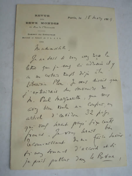 Lettre autographe 18 mars 1919. Ren&eacute; Doumic