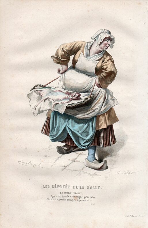 Gravure costume de Théâtre de Beaumarchais. Les députés de la Halle. " Mère Chaplu ". 